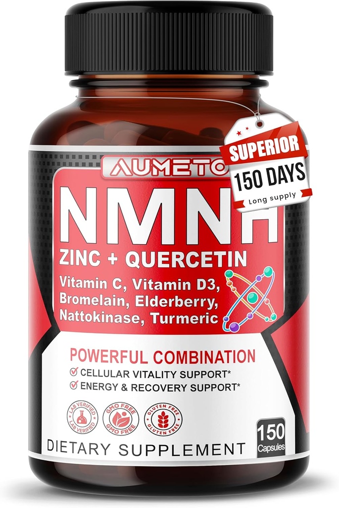 NMNH 600 mg med sink, Quercetin, vitamin D3, eldrebær og natokinase – daglig cellulær helse og sunn aldring støtte – 150 kapsler – laget i USA