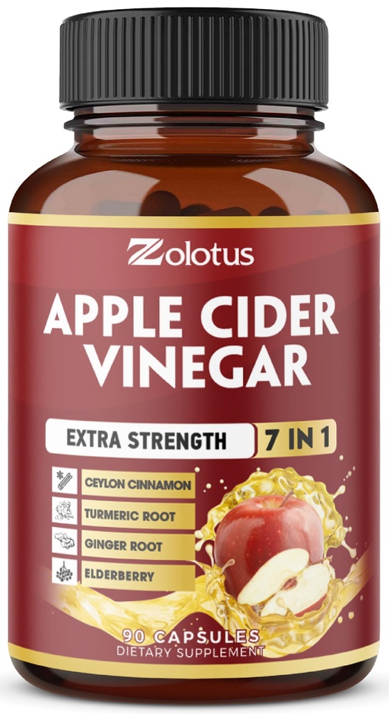 Zolotus 7 i 1 Apple Cider Vinegar Capsules, 3 måneders forsyning med Ceylon Cinnamon, Ginger Root, Turmeric, Elderberry for støtte, immun, 90 kapsler