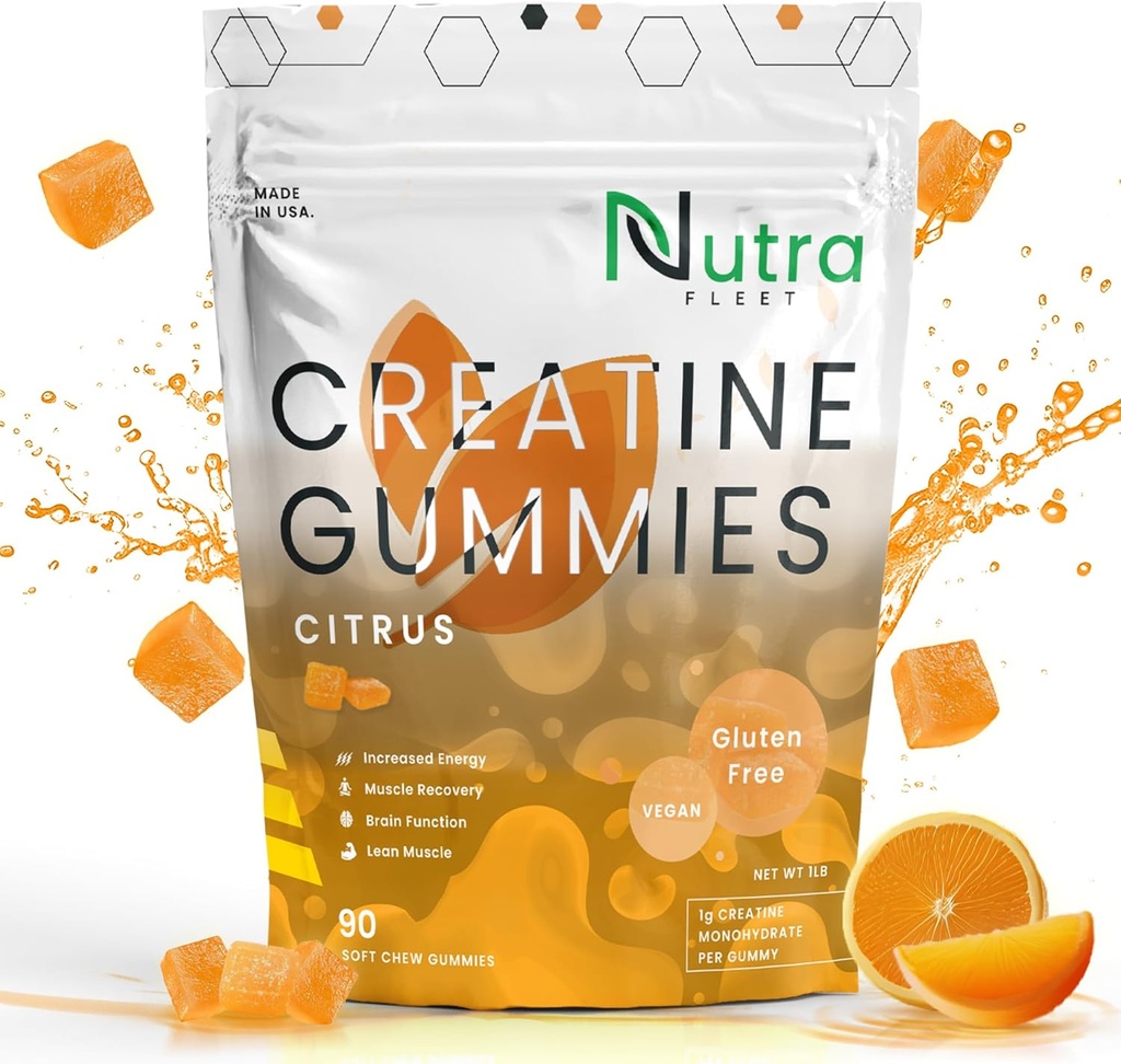 Kreatin Monohydrat Gummier - 5g tyggemiddel gummi for menn og kvinner - Øk styrke, muskelbygger - Øk energi og fokus - Lav kalori, Vegan & Glutenfri | 90 teller Citrus