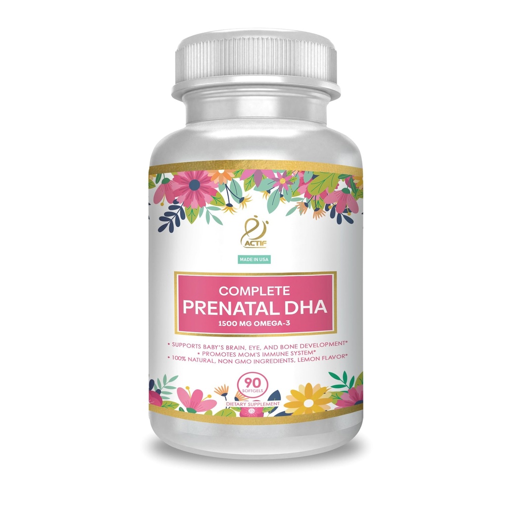 ACTIF Complete Prenatal DHA med 1500 mg Omega-3, 100% naturlig, organisk DHA, EPA – ikke-GMO, 90 greve