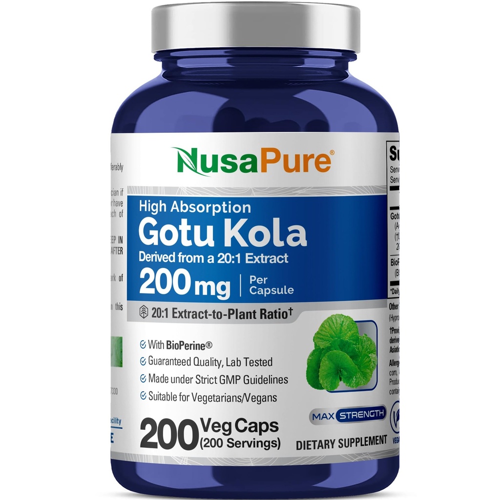 NusaPure Gotu Kola Kapsler 20:1 Ekstrakt, 200 mg tilsvarende 4000 mg Per Veggie Caps, 200 greve, ikke-GMO, Vegan, Bioperin - Tradisjonell urt ekstrakt