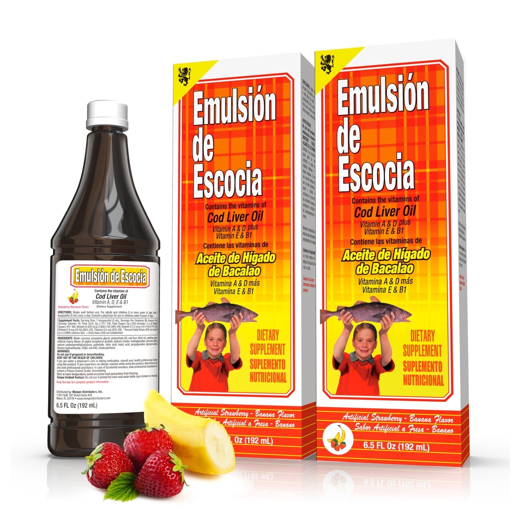 Emulsión de Escocia Cod Liver Oil Fluid Supplement med vitaminer A, D, E & B1 - Naturlig Fish Oil Omega 3 for barn og voksne - Delicious Strawberry Banana Flavor - 6,5 oz (2-Pack)
