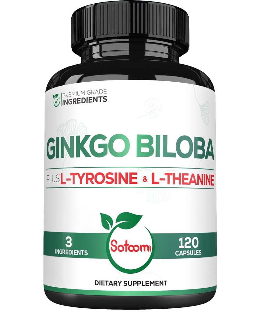 1000mg Ginkgo Biloba kosttilskudd med L-tyrosin, L-theanin - 120 kapsler for 2-måneders forsyning - støttefokus, mermory funksjon, hjerne helse og visjon kvalitet