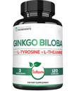 1000mg Ginkgo Biloba kosttilskudd med L-tyrosin, L-theanin - 120 kapsler for 2-måneders forsyning - støttefokus, mermory funksjon, hjerne helse og visjon kvalitet