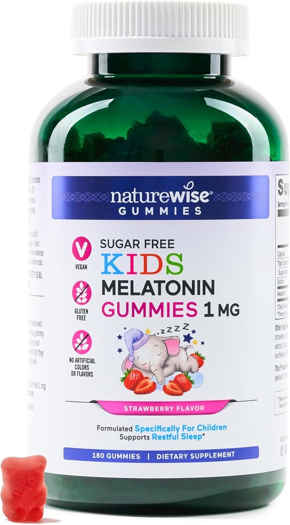 NatureWise Kids Melatonin 1 mg sukkerfri gummi for barn i alderen 4 og opp - ikke-habitdannende søvnhjelp - Strawberry Flavored - Vegan, No Gluten, No-GMO - 180 greve[6-måneders forsyning]