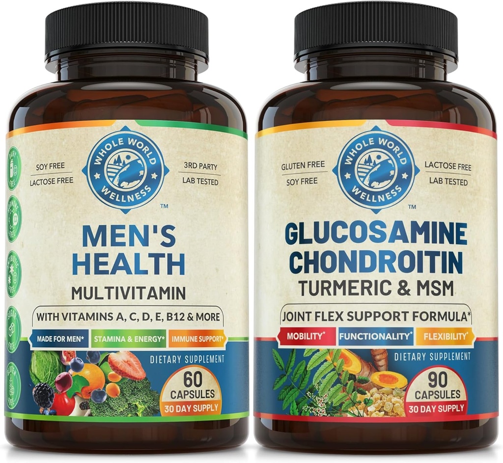 Mens daglige multivitaminer og avansert felles støtte bundle (en flaske hver). Kollektivt støtter Holistisk velvære, økt energi og felles helse. USA laget.