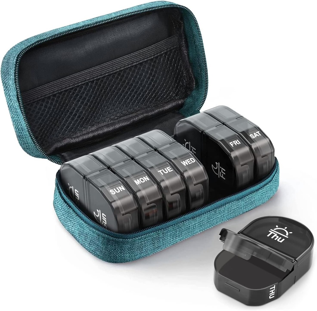 AUVON Canvas Bag Reise Pille Organizer 2 ganger om dagen, Stor AM / PM ukentlig pille boks 7 dagers pille saken med bærbar Cyan glidelås klodeveske for holding kosttilskudd, vitaminer og fiskeoljer