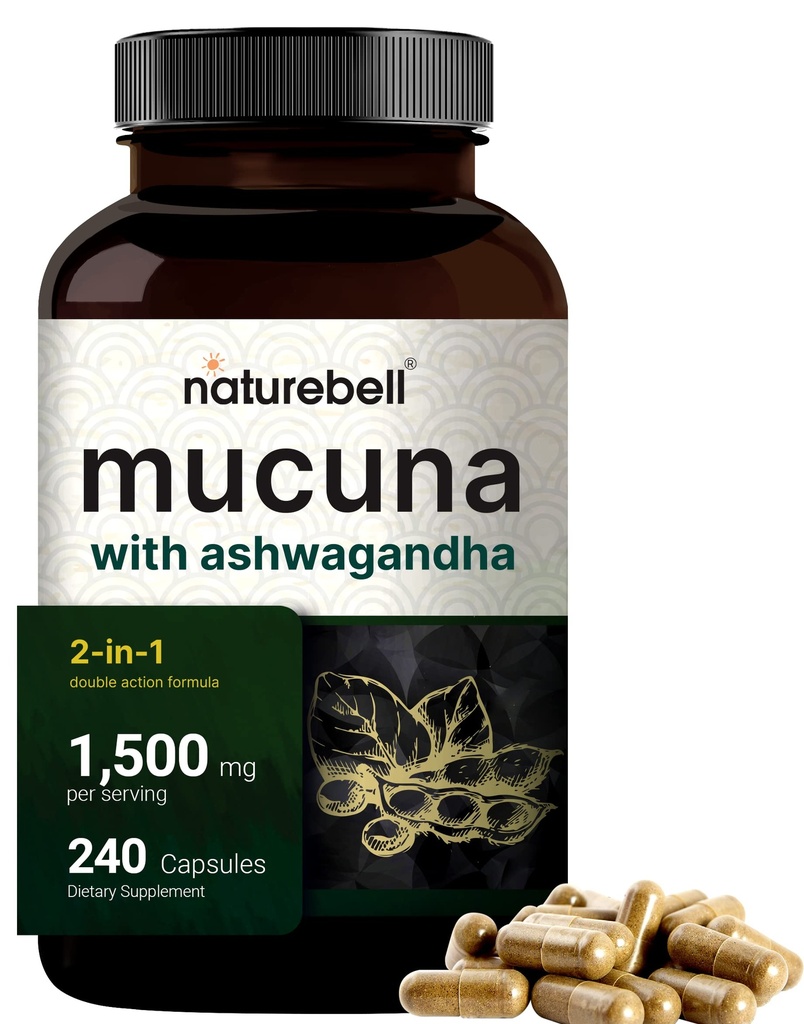 Mucuna Pruriens Kapsler, Triple Styrke 1500 mg Per Serving, 2 i 1 Formula, laget med Mucuna og Ashwagandha, 240 Kapsler, Potent Seed Extract, Positiv Mood, Relaxation & Restoration Support