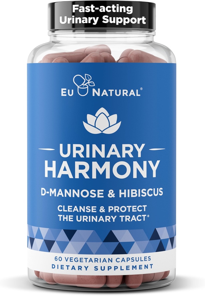 Urinal Harmoni D-Mannose Supplement – Urinal Tract Helse for kvinner – Renser og fluser urinsystemet – Potent klinisk styrke formel med DMannose og Hibiscus – 60 raske fungerende kapsler