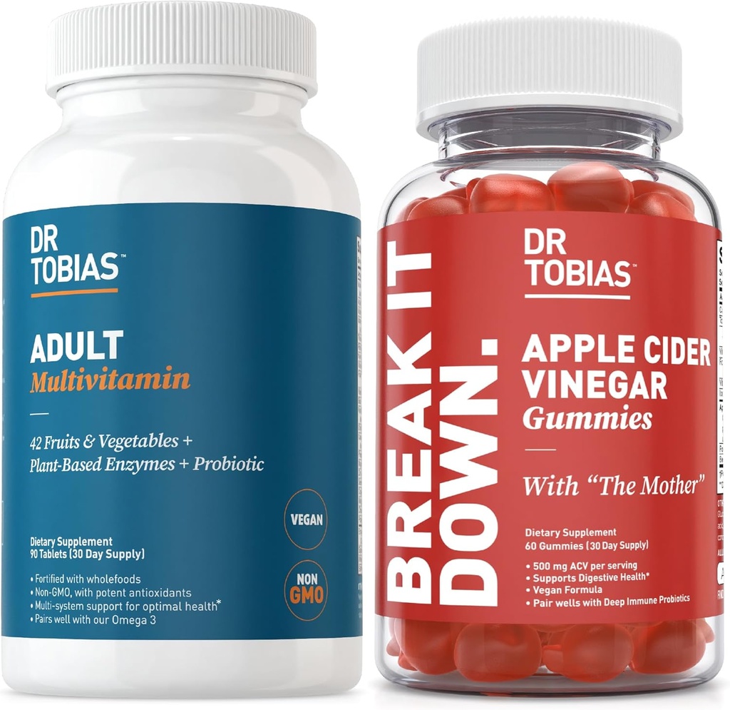 Dr. Tobias Adult Multivamin & Apple Cider Vinegar Gummies, støtter energi, immunitet og Gut helse, med 42 frukter og grønnsaker Plus probiotika, reduserer moren, FOlate, B12