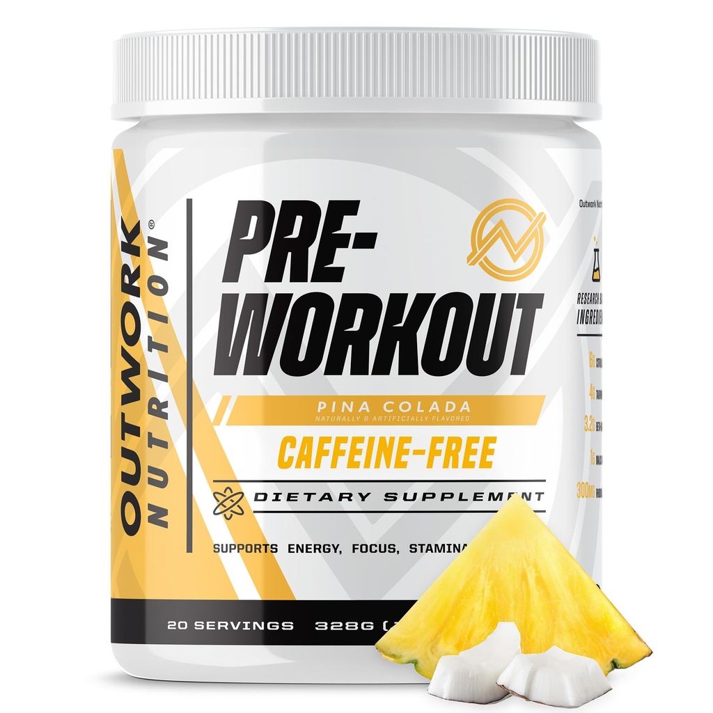Outwork Nutrition Non-Stim Pre Workout pulver - Citrullin malate, Beta-Alanine, Rhodiola ekstrakt for ytelse, fokus & energi Boost - Preworkout for menn, kvinner (kaffein gratis, Piña Colada)