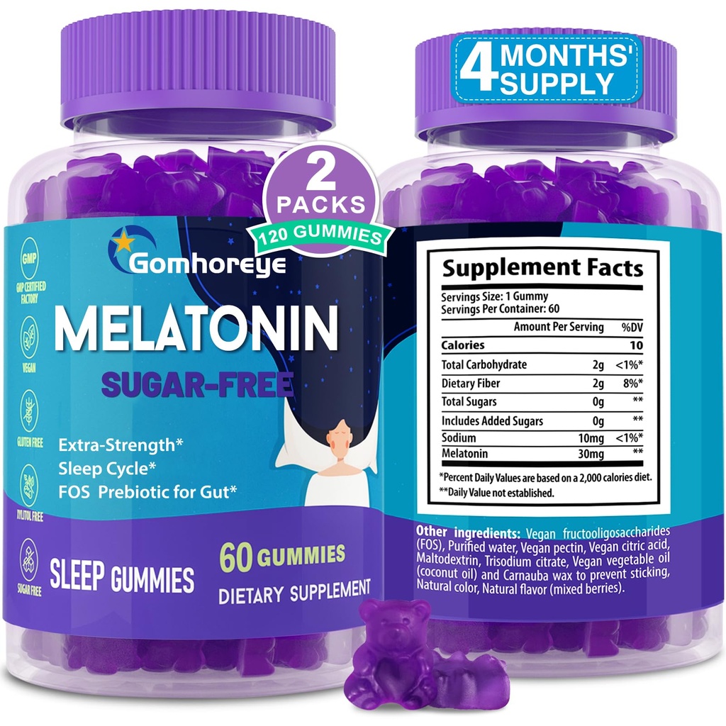 Melatonin Gummies 30mg for voksne - Maks styrke Melatonin Gummier for avslapping og lindring, Exogenous Melatonin Supplement med FOS for immun, Gut helse og pH-balanse, sukker gratis -120 greve