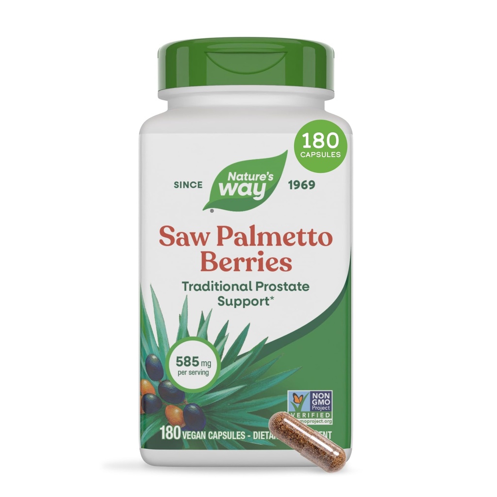 Naturens vei så Palmetto Berries, Tradisjonell prostata støtte*, 585 mg per servering, ikke-GMO prosjekt verifisert, Vegansk, 180 kapsler
