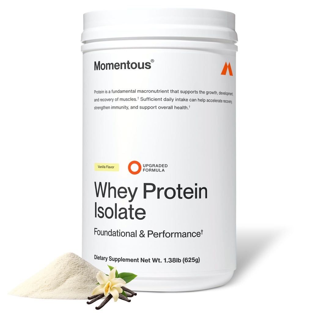 Momentous Essential Grass-Fed Whey Protein Powder - 20 g Whey Isolate Protein - NSF-sertifisert for Sport - Glutenfri - 24 Services for essensiell daglig bruk - Vanilla - Pakke May Vary