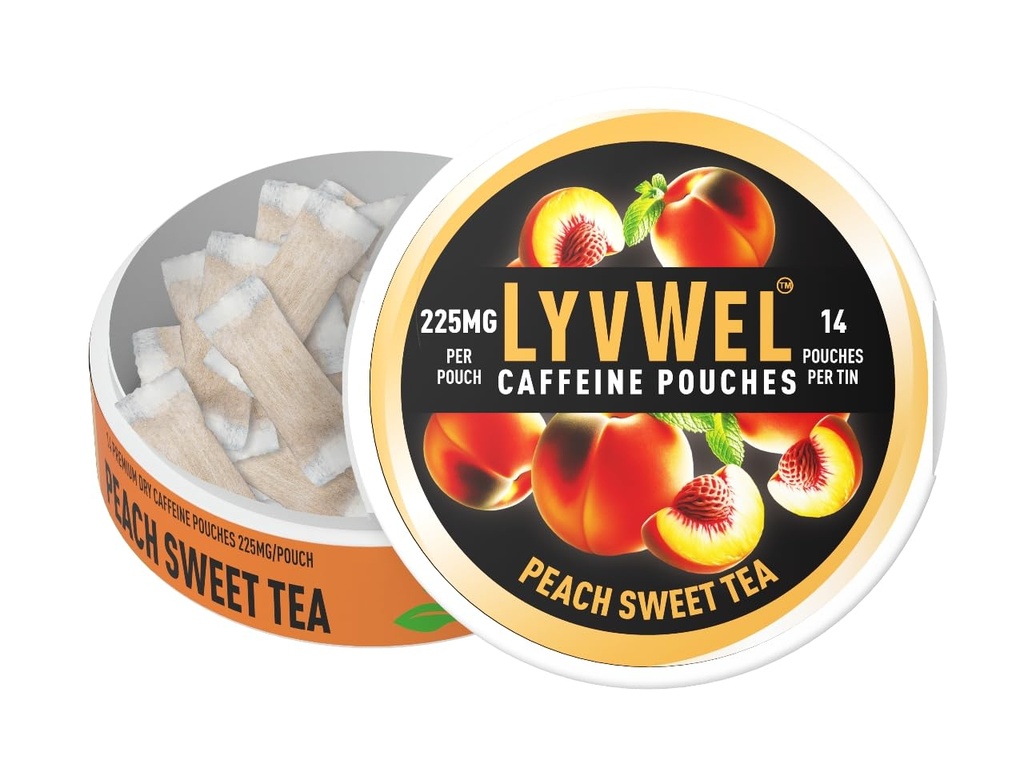 LyvWel Ultra Caffeine Pouch – fersken søt te – 225mg naturlig koffein med Guarana – ren energi for fokus og mood – 1-pakke (15 poser)