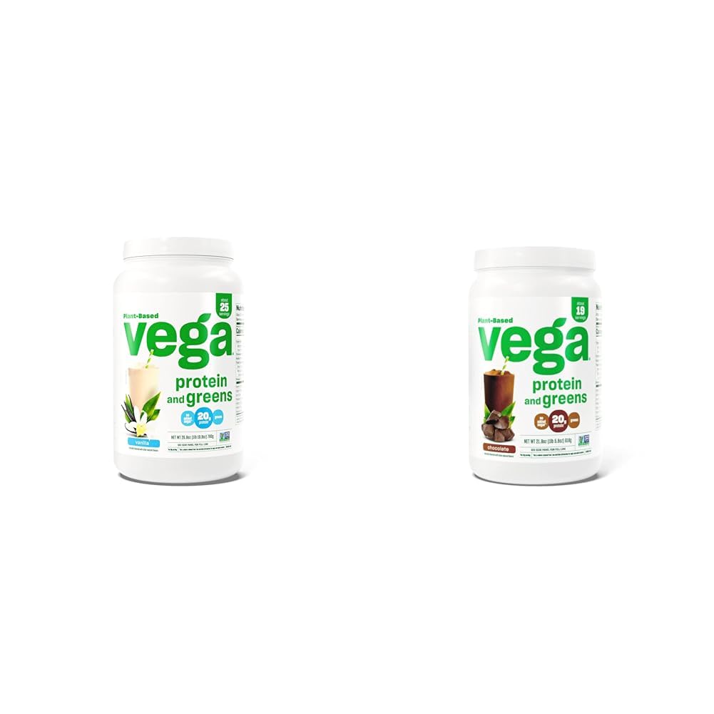 Vega Protein og Grønn Protein pulver, Vanilla - 20g Plante Basert Protein Plus Veggies, Vegan & Protein og Grønn Protein Powder Sjokolade (19 Serveringer) - 20g Plante Basert Protein Plus