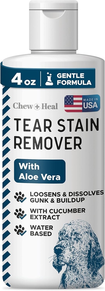 Chew + Heal Labs Pet Tear Stain Remover for hunder - 4 oz Vannbasert Dog Eye Vaske og rengjøring - Oppløser Gunk & Building - Aloe Vera & Cucumber Extract