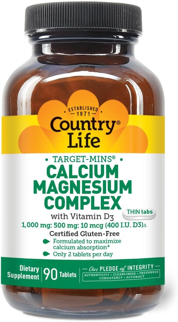 Country Life Target-Mins kalsium Magnesium med vitamin D-Complex, 1000 mg/500mg/10mcg, 90 tabletter, sertifisert Glutenfri, sertifisert Vegetarisk
