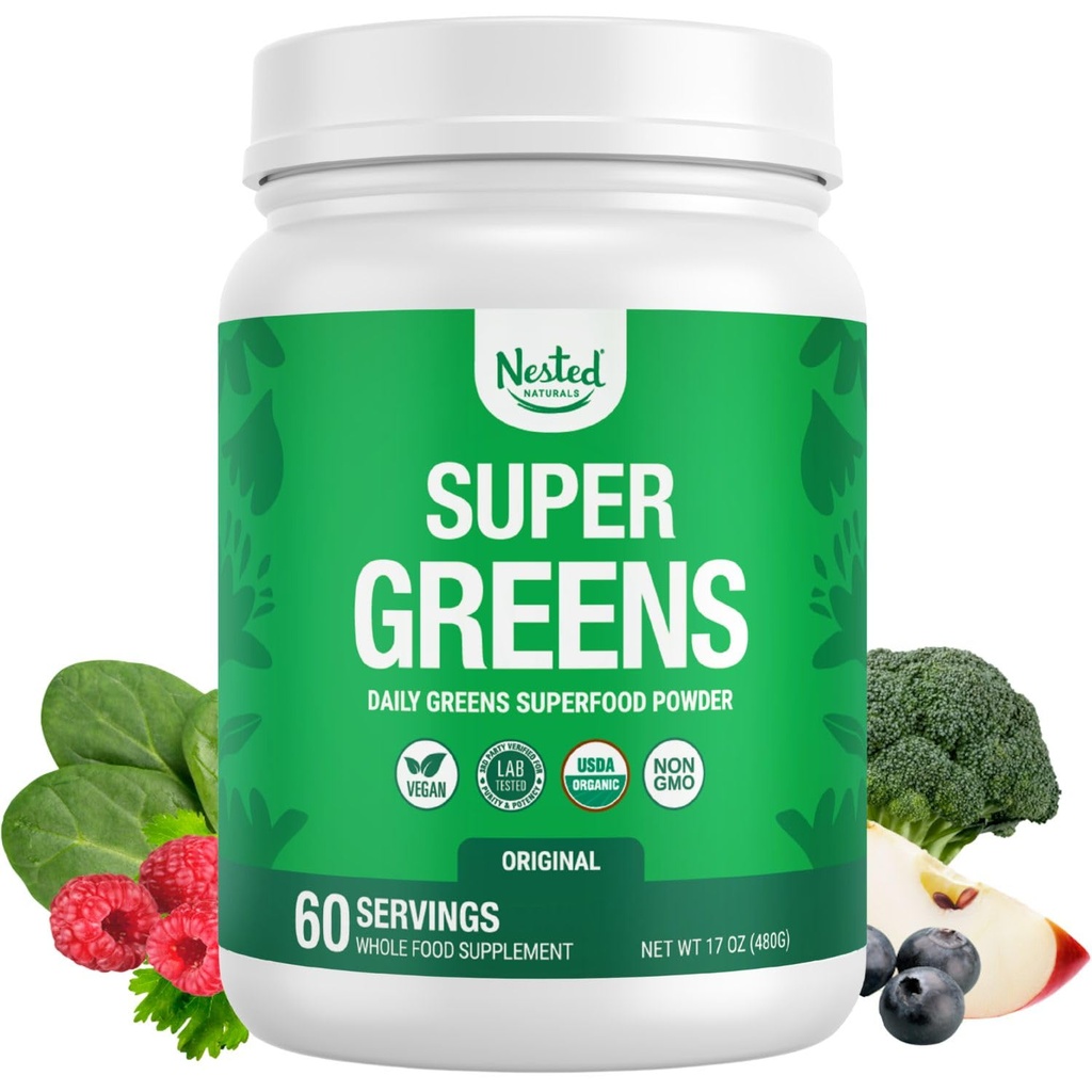 Nestet Naturals Super Greens Daglig Superfood Powder - Certified USDA Organic Green Powder w/20+ Hele matvarer, Spirulina Powder, Hvete og Barley Grass - Probiotika, Fiber & Enzymer - Original Flavor, 60