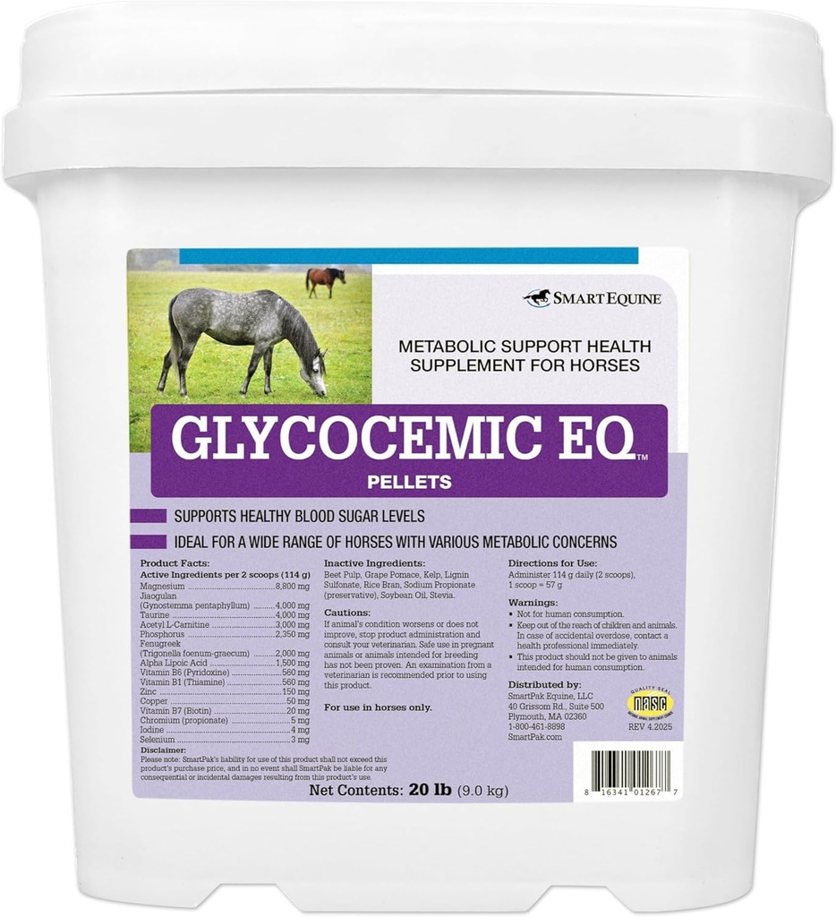 Glykomisk EQ Pellets | Equine Metabolic Support | for Thyroid funksjon og sunn vektstøtte | Taurin, Jiaogulan og mer | 20 lb Bucket