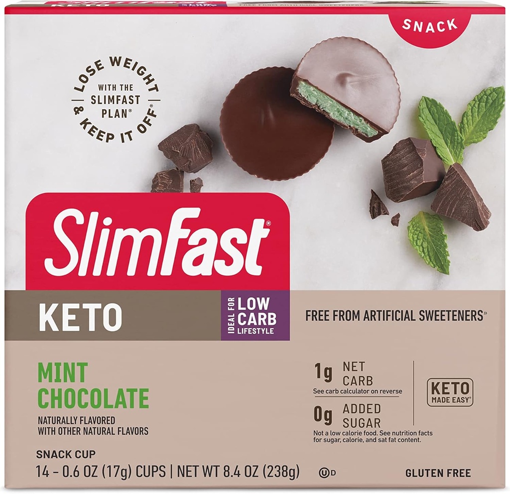 SlimFast Keto Fat Bomb Snack Cup, Mint sjokolade, Keto Snacks for vekttap, Lav karbohydrat med 0g tilsatt sukker, 14 Count Box (pakke May Vary)