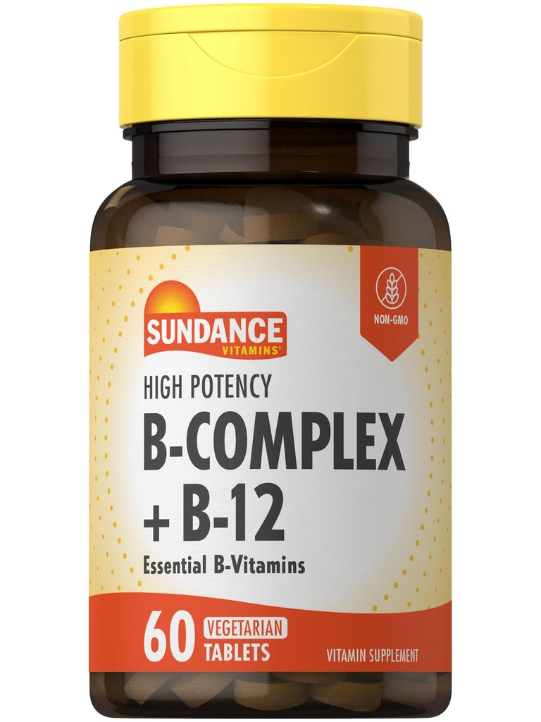 Sundance vitamin B-Complex | med B-12 | 60 tabletter | høy potens | vegetarisk, ikke-GMO, og glutenfri kosttilskudd