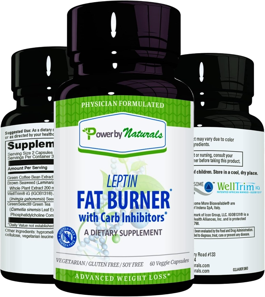 Power By Naturals: Leptin fettforbrenner med karbohydratblokker - 60 Glutenfri kapsler, Leptin vekttap diettpiller, effektiv fettforbrenner, aptit suppressant