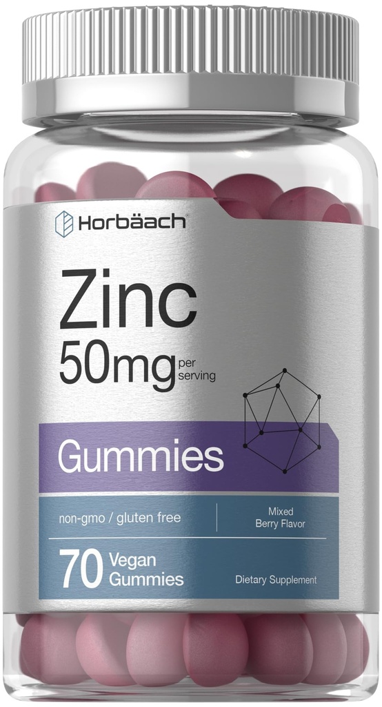 Horbäach Sink 50 mg | 70 Gummies | Blandet Berry Flavor | Vegansk, Ikke-GMO og Glutenfri formel | Zink Citrat kosttilskudd