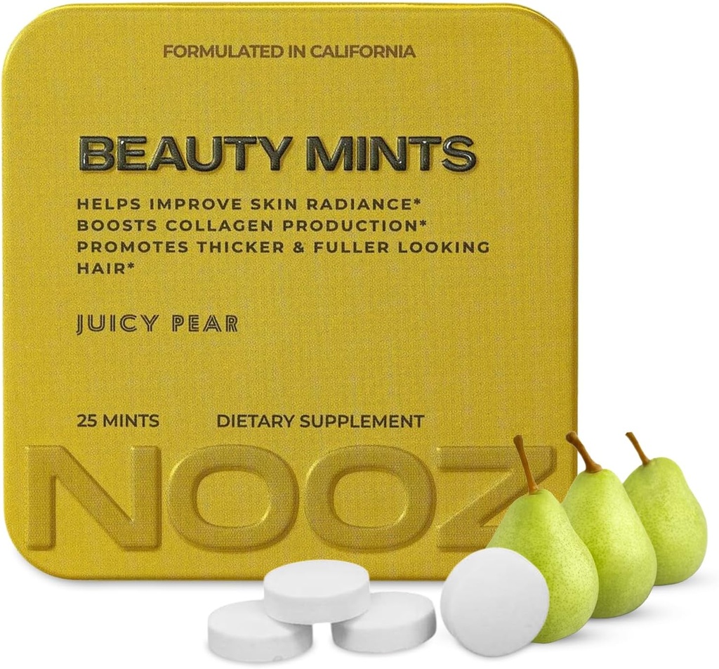 NOOZ Beauty Mints - Sugar-fri Biotin Mint for glødende hud, Sunt hår og sterke negler - Juicy Pear Flavor | Reisevennlig Supplement med antioksidanter, Vitamin C, B6 & B12 ikke-GMO, 25 mynter
