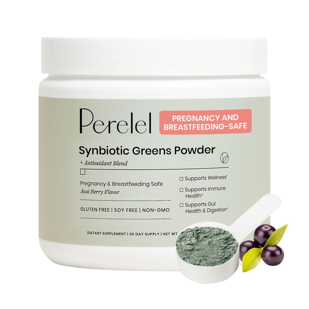 Perelel Synbiotic Grønn pulver, Superfood blanding med frukter, grønnsaker, Probiotika, Fiber, Spirulina & Klorella, Daglig Grønn Supplement, Soja & Glutenfri, Ikke GMO, Acai Berry Flavor, 30 Serverer