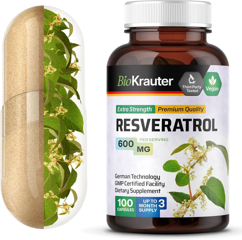 BIO KRAUTER Resveratrol Supplement Kapsler 600 mg - 100 greve - naturlig antioksidant kilde - 98% ren trans Resveratrol pulver - Vegan