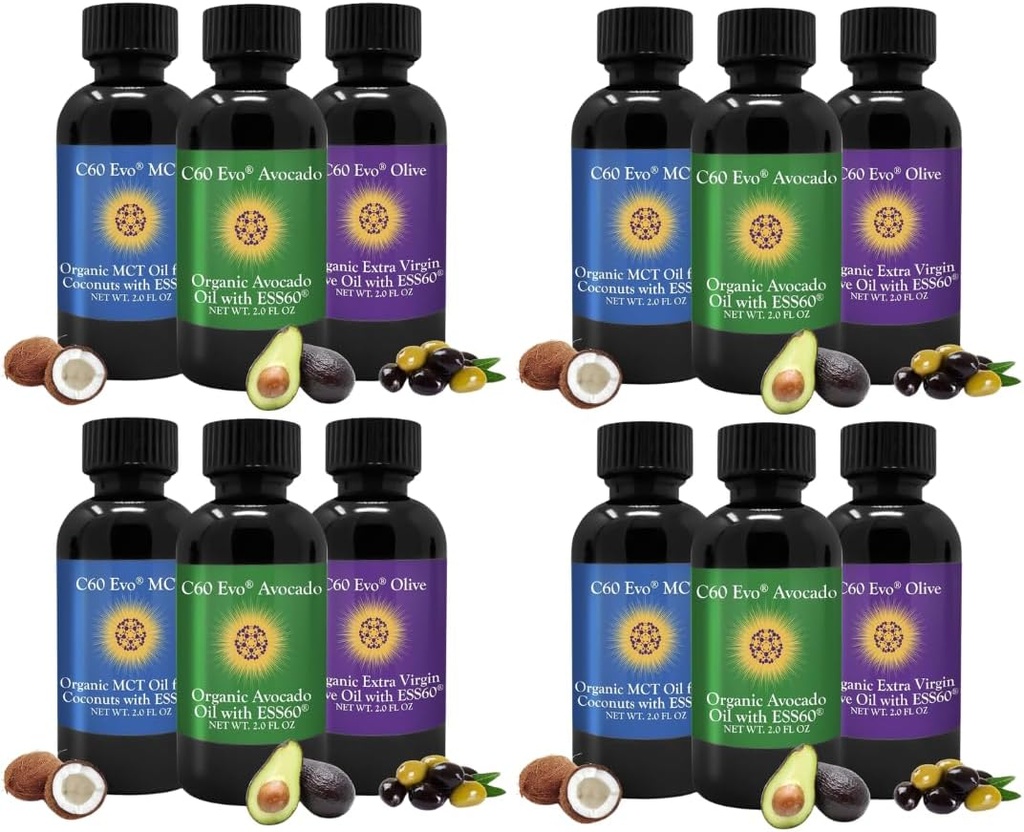 Alt-Naturlig Edible Olier, Mini oljeprøvesett med ren C60 ESS60, immunstøtte og felles støtte Supplement med olivenolje, avokado olje og MCT kokosolje, sett med 12, 2 Oz Hver