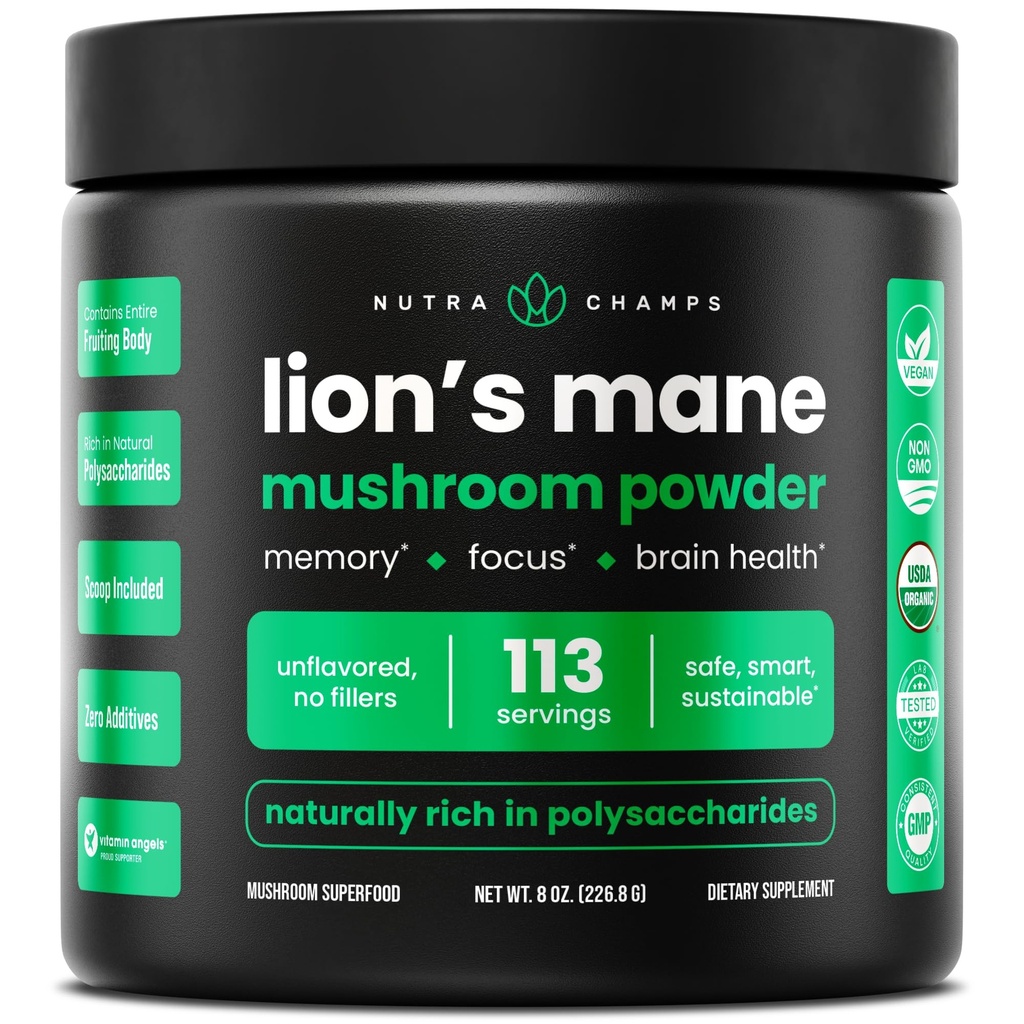 NutraChamps Organic Lions Mane Powder - 2000mg Kraftig Nootropic for minne, fokus, immunstøtte - Vegan Lion's Mane Mushroom Powder Supplement med naturlig forekommende Beta-Glucans - 8oz
