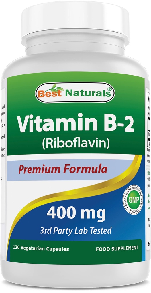 Best Naturals vitamin B2 (Riboflavin) 400mg - Migrain Relief - Veggie Capsules - Conezyme Precursor - 120 Count