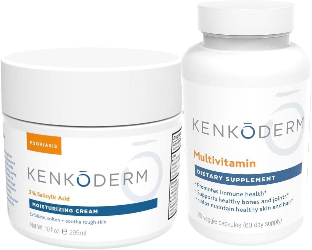Kenkoderm Psoriasis Moisturizing Cream & Multivitamin Hudpleie Bundle, moisturizing Cream med salicylsyre, 10 oz & Multivitamin med Omega 3 & vitamin D, immunstøtte supplement, 120 kapsler
