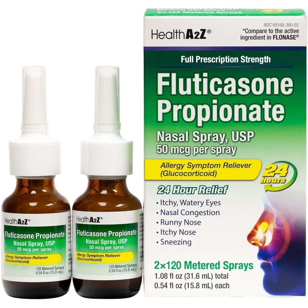HealthA2Z® Fluticason Propionate Nasal Sprøyter | Aller relief Sprøyte | Runny Nese | Nasal Congestion | Sneezing | Itchy vannige øyne | 24-timers Allergy Relief | (2-pakker)