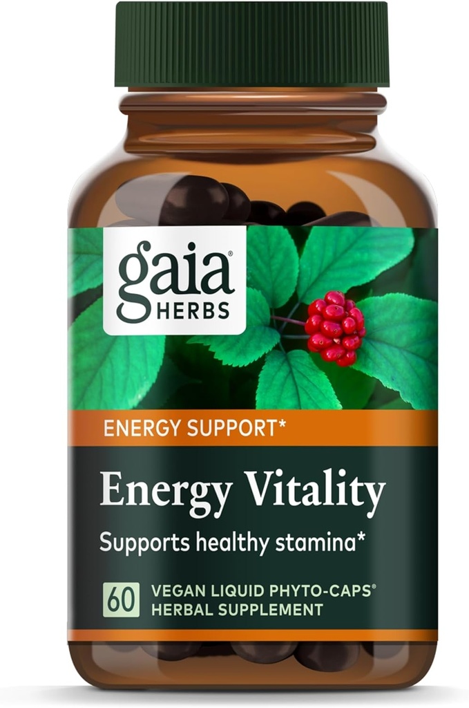 Gaia Urter Energivitalitet - Energistøtte Supplement for å opprettholde sunn energi og stress nivåer - med Ginkgo, Ginseng, Grønn Te og Nettle* - 60 Vegan flytende fyto-kapsler (20-dagers forsyning)