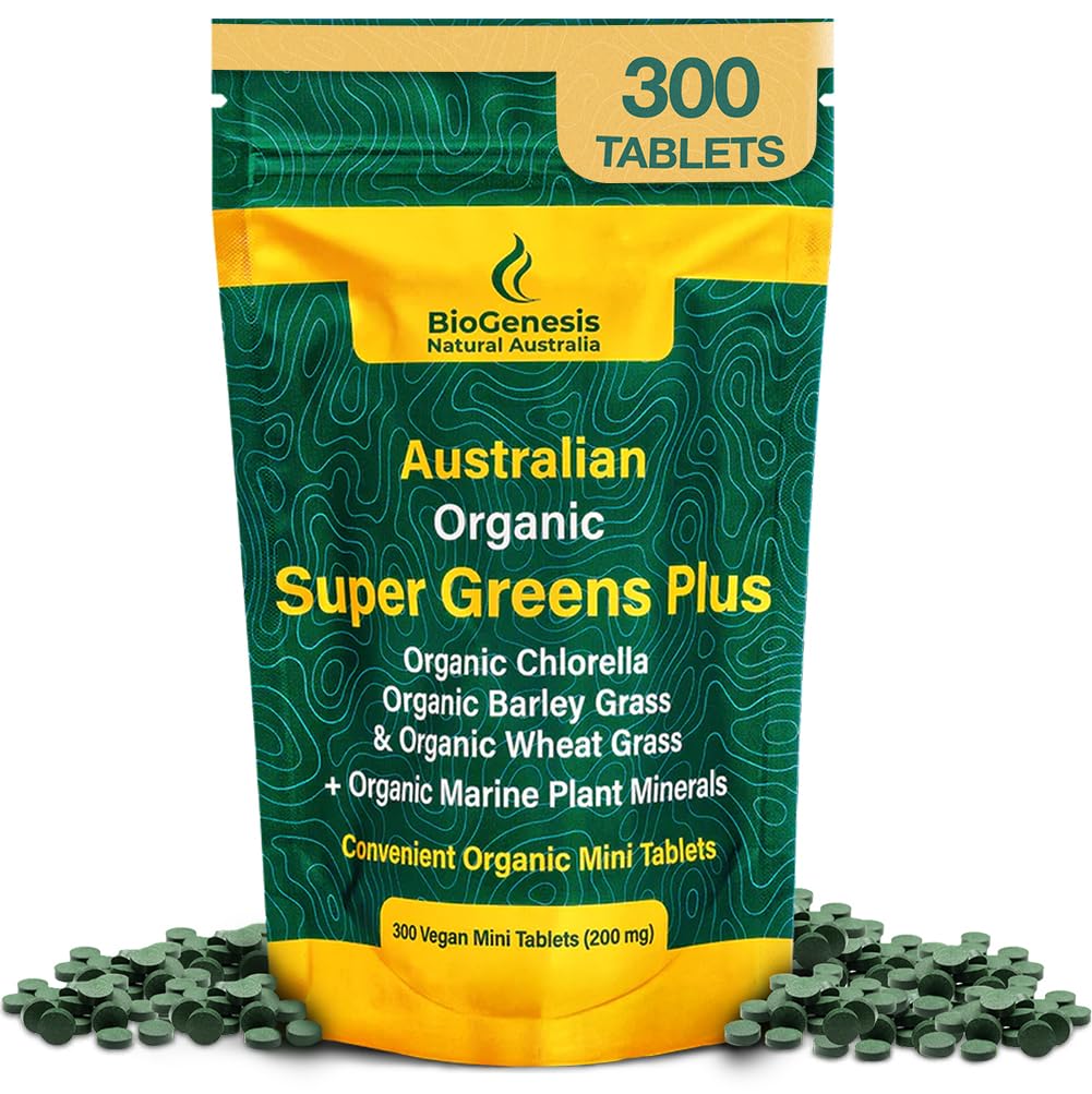 Biogenese SuperGreens Plus Tabletter – 300 greve (200 mg) | Unflavored | Organic Clorella, Wheatgrass & Barley Grass | Australian Grown | Støtter energi og immunitet | Vegan Mini Talets