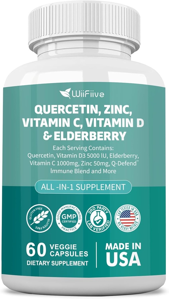 60 greve Quercetin 50 mg sink 1000 mg vitamin C 5000 IE vitamin D3 1000 mg gurkemeie 1000 mg eldrebær med Q-defend immunblanding Reisshi Nettle Arteemisinin, ikke-GMO, gratis støtte helse