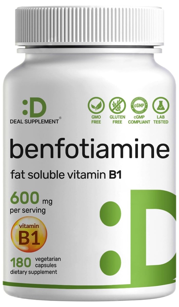 Benfotiamine 600mg Per servering, 180 Veggie Capsules (300mg per cap) – Fett Oppløselig vitamin B1 Thiamin Supplement – 3. part testet, Vegan, Ikke-GMO, Glutenfri