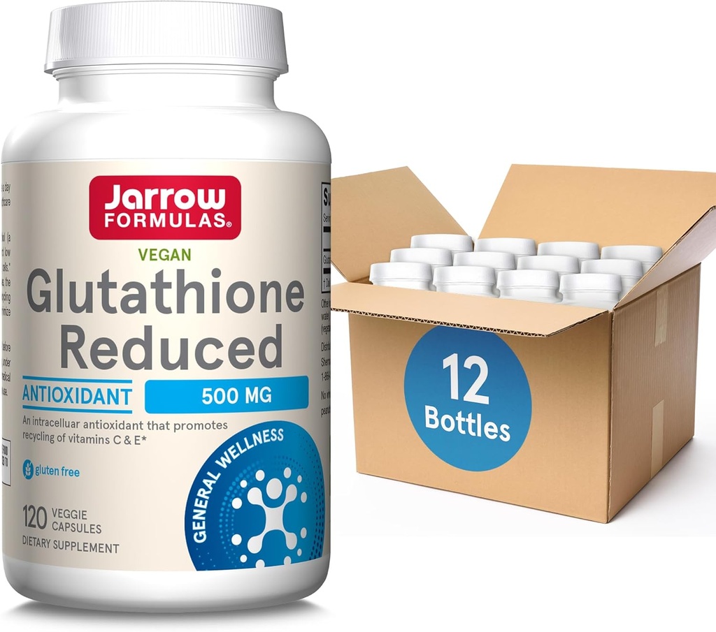 Jarrow Formler Glutathion Redusert 500 mg- 120 Veggie Capsules- Intracellulære Antioksidant- kvalitet Glutation Kosttilskudd - Støtter resirkulering av vitaminer C & E- Ikke-GMO- Glutenfri- Vegan, 12 Pakker