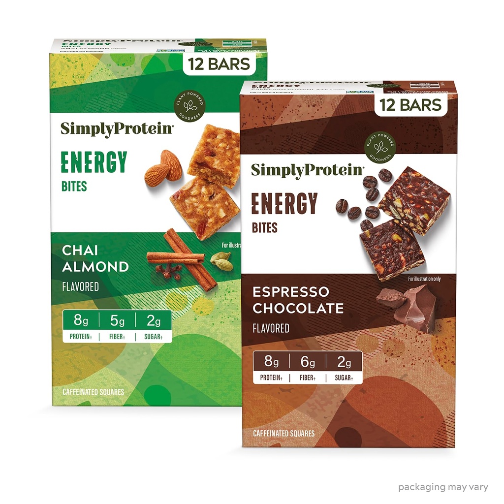 Bare protein - Energi Bites Variety Pack, 24 Bars - Plant Basert Kaffeplasser - 55 mg Koffein - Energi Boost - 8g Protein, 2g Sukker, 5-6g Fiber, 120-130 Kalorier - Vegan, Glutenfri, Ikke GMO