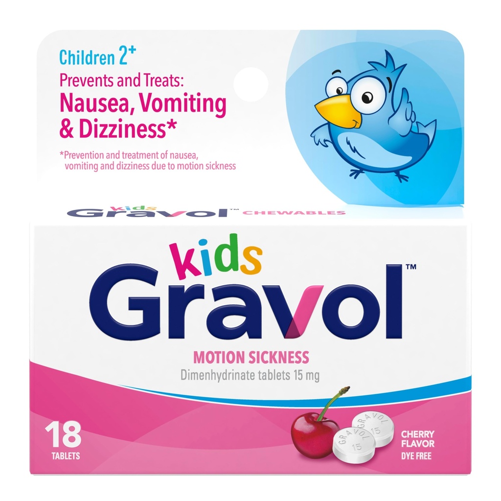 Gravol Kids Chewable Tabletter for kvalme, Upset Mage og bevegelsessykhet Relief, Dye Free, Cherry Flavor, Alder 2 til 12, 18ct