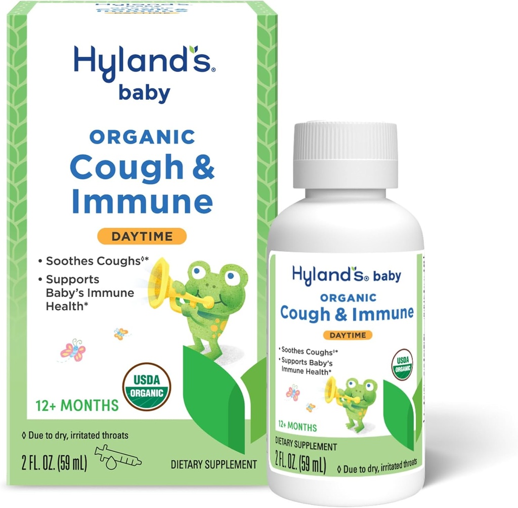 Hylands Baby Organic Cough Syrup og immunstøtte med Agave, Elderberry og Pomegranate, Soothes Cough, og støtter immunisme, dagtid, 2 fl. Oz.