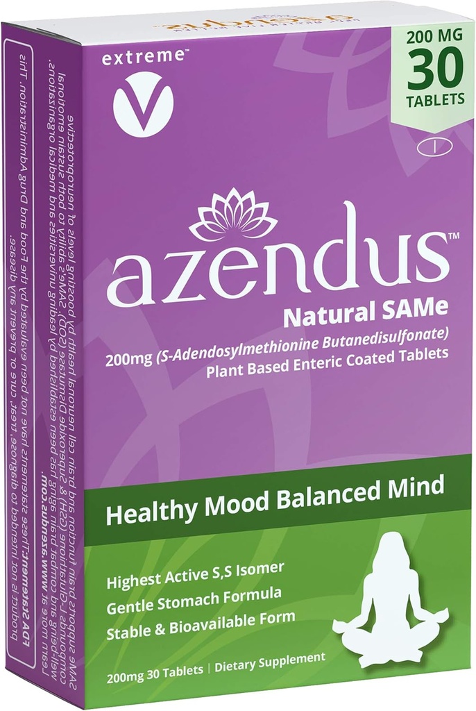 Azendus SAM-e Mood støtte 200 mg, 30 greve, samme butanedisulfonat fiber Enteriske belagte tabletter
