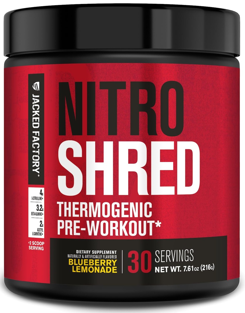 Jacked Factory NITROSURGE Shred Pre Workout Supplement - Energiforsterkning, øyeblikkelig styrke gevinster, Sharp Focus, Kraftige pumper - Nitric Oxid Booster & PreWorkout pulver - 30Sv, Blueberry Lemonade