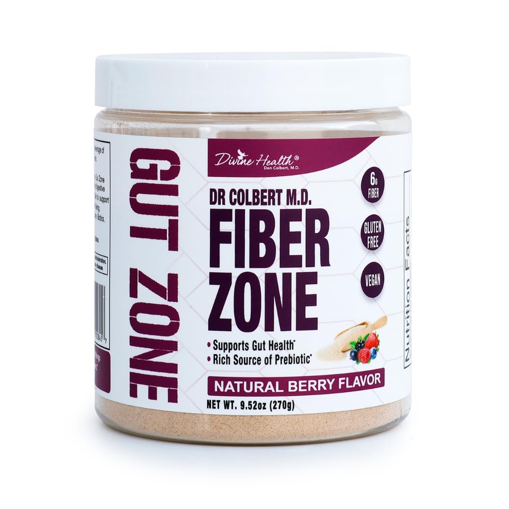 Dr Colbert MD Fiber Zone pulver | Berry Flavor | Prebiotika, løselig og løselig fiber | Psyllium Husk | Inulin | Anbefalt i keto sone diett & sunn Gut Zone | 9,52 oz