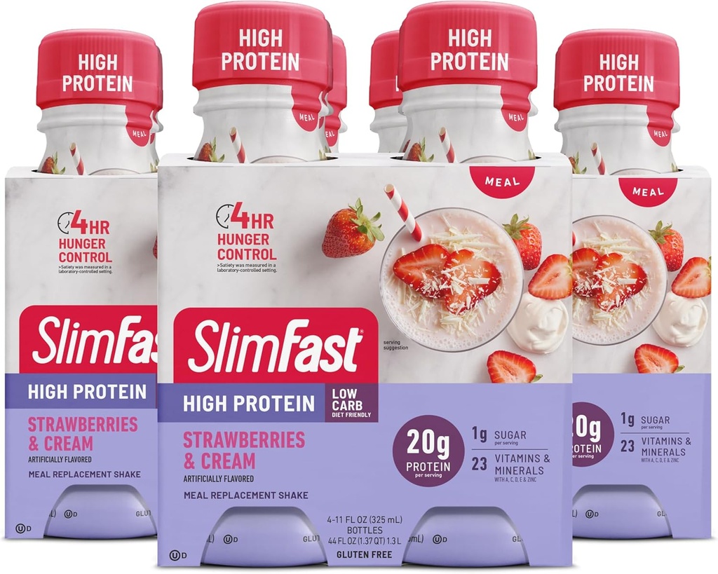 SlimFast Advanced Nutrition Meal Replacement Protein Shake - Klar til å drikke, rosa, jordbær og krem, 4 flasker (pakke med 3)