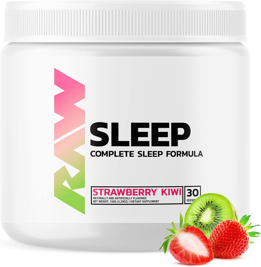 RAW Natural Sleep Aid Supplement - Relaxation Enhancer & Mood Support med Melatonin, Magnesium, Sink, L-Tryptophan & Lemon Balm Extract for å slappe av og ro sinnet og kroppen - 30 Serveringer, Strawberry Kiwi