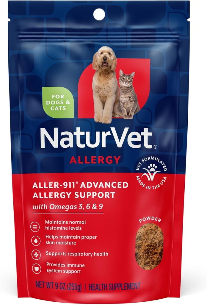 NaturVet Aller-911 Avansert Allergihjelp Formel pulver Plus Antioksidanter for hunder og katter, 9 oz pulver, laget i USA